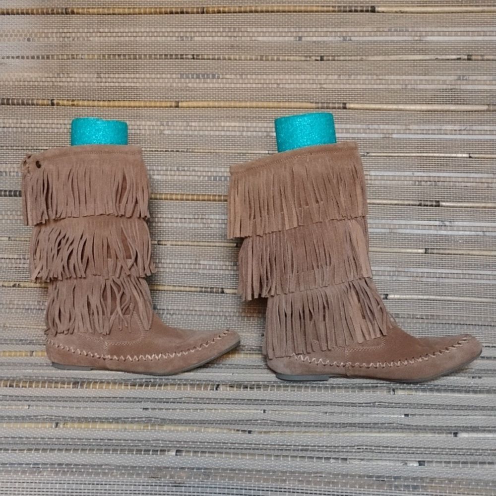 Fringe Suede Mid-Calf Boots - Brown